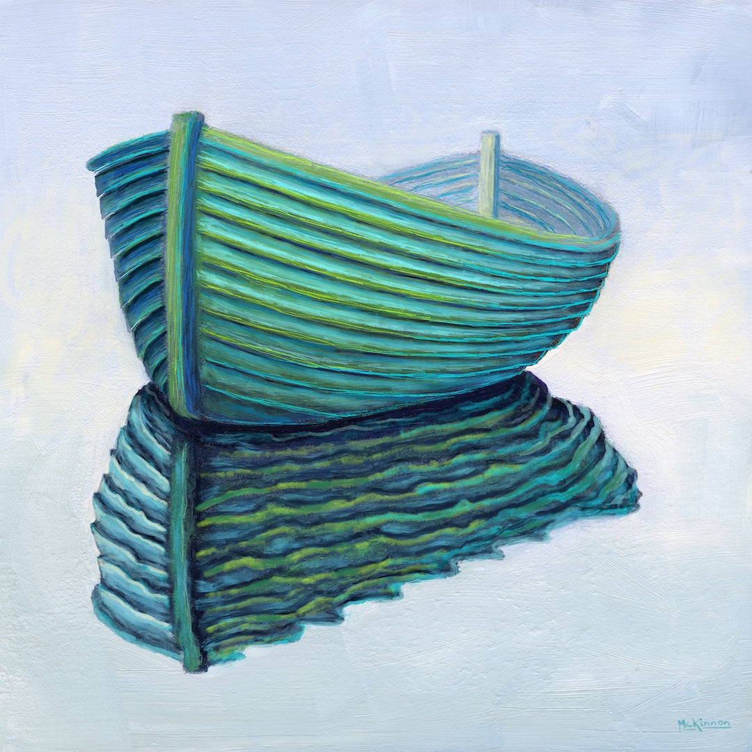 Minimalist Wall Art, "Green Rowboat on Misty Still Water, 6 x 6 - SOLD - Art of the Sea