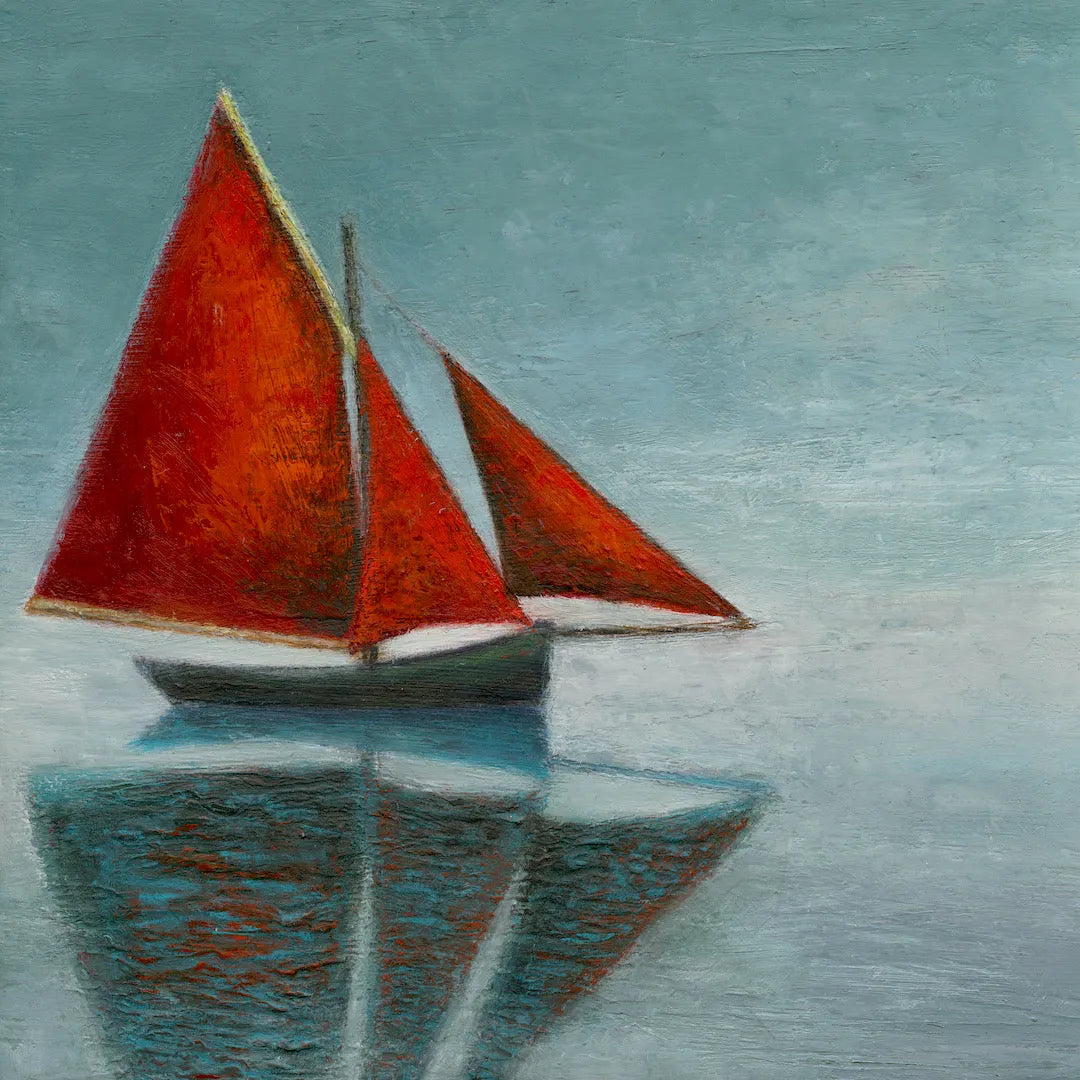 Large Contemporary Wall Art, "Galway hooker with red sails", 8 x 8 - Art of the Sea