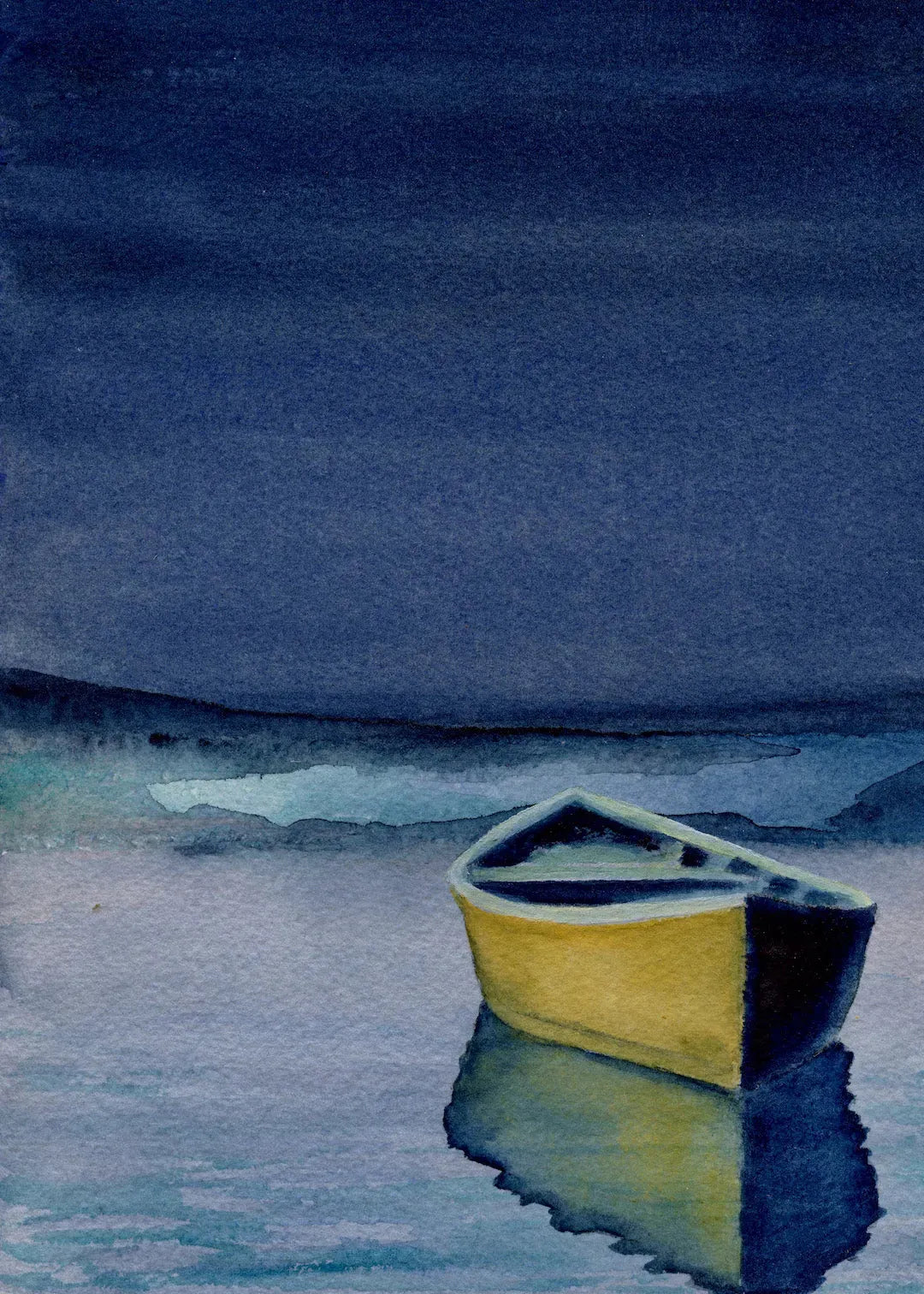 Beach Artwork, "Yellow Rowboat on Calm Water", 5 x 8 - SOLD - Art of the Sea
