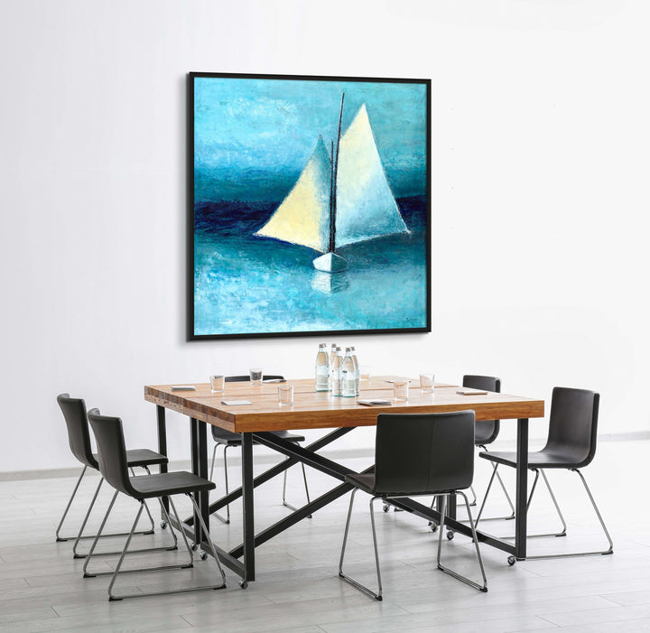 Large Ocean Wall Art - Blue Abstract Schooner Painting - Coastal Art Framed Print - Art of the Sea 