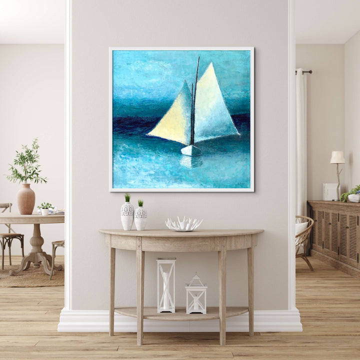 Large Ocean Wall Art - Blue Abstract Schooner Painting - Coastal Art Framed Print - Art of the Sea 