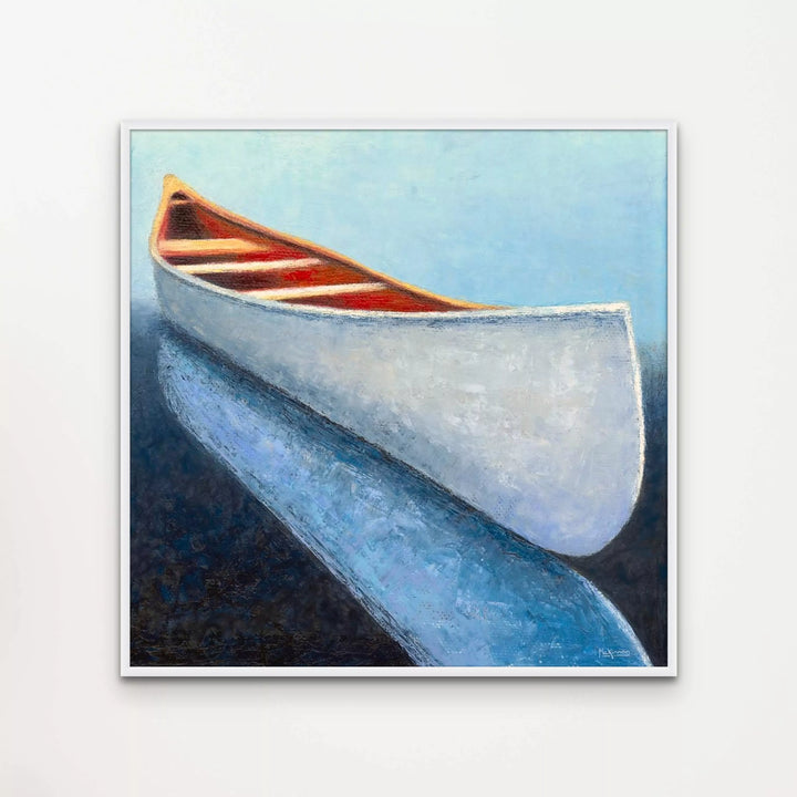 White Canoe Painting - Contemporary Nautical Wall Decor - Coastal Art Framed Print - Art of the Sea 