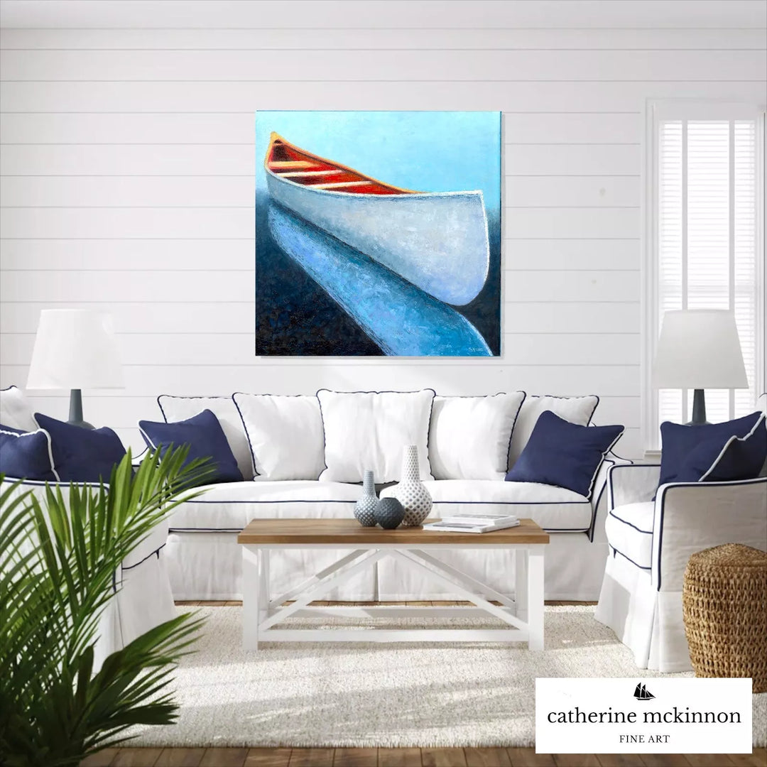 White Canoe Painting - Contemporary Nautical Wall Decor - Coastal Art Framed Print - Art of the Sea 