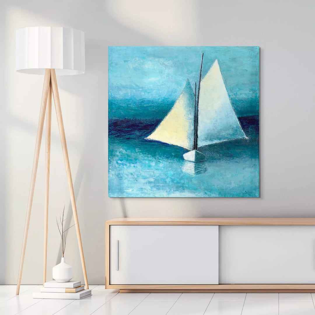 Beach Wall Decor - Blue and White Schooner Painting - Canvas Sailboat Print - Art of the Sea 