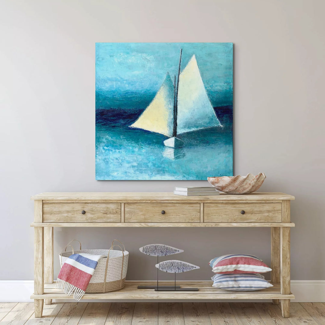 Beach Wall Decor - Blue and White Schooner Painting - Canvas Sailboat Print - Art of the Sea 