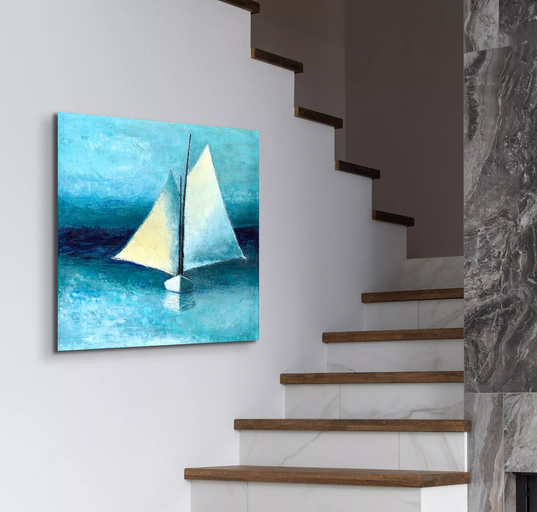 Beach Wall Decor - Blue and White Schooner Painting - Canvas Sailboat Print - Art of the Sea 