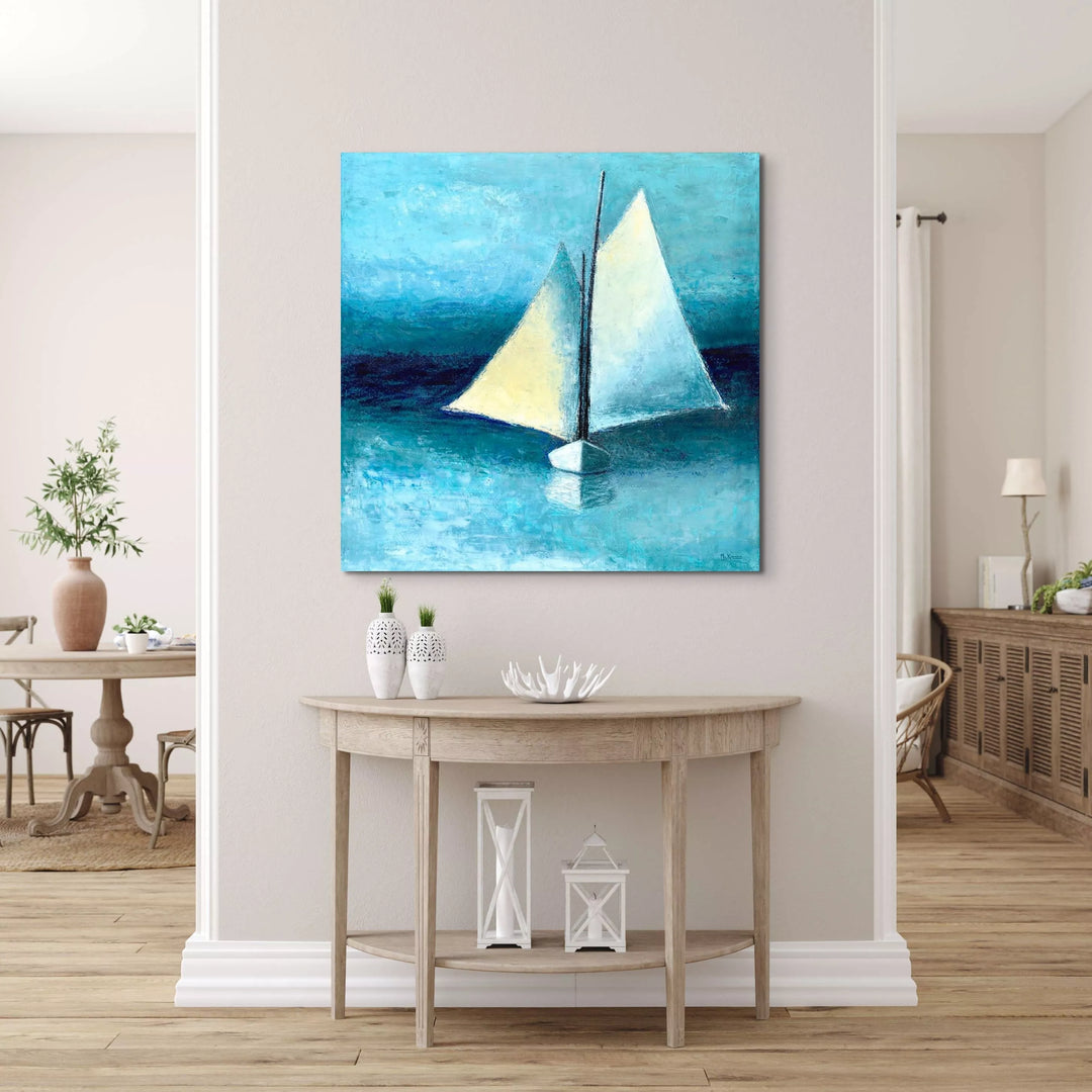 Beach Wall Decor - Blue and White Schooner Painting - Canvas Sailboat Print - Art of the Sea 