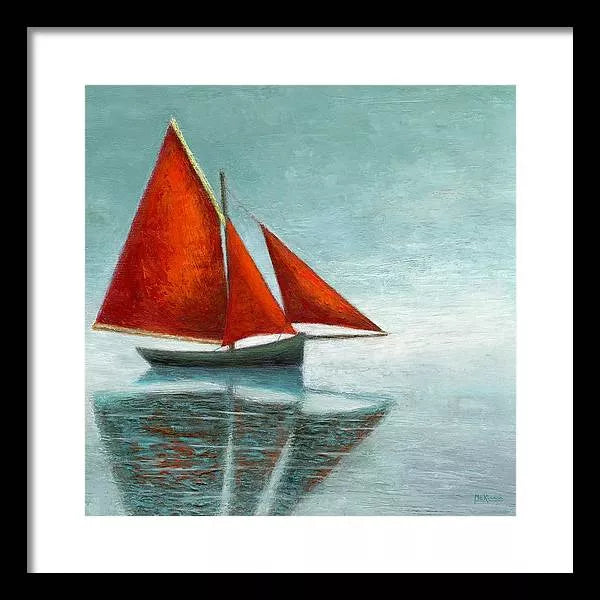 Red Sails Painting - Irish Sailboat Sailing into Fog - Coastal Art Framed Print - Art of the Sea 
