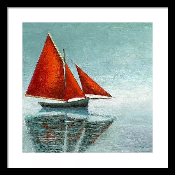 Red Sails Painting - Irish Sailboat Sailing into Fog - Coastal Art Framed Print - Art of the Sea 