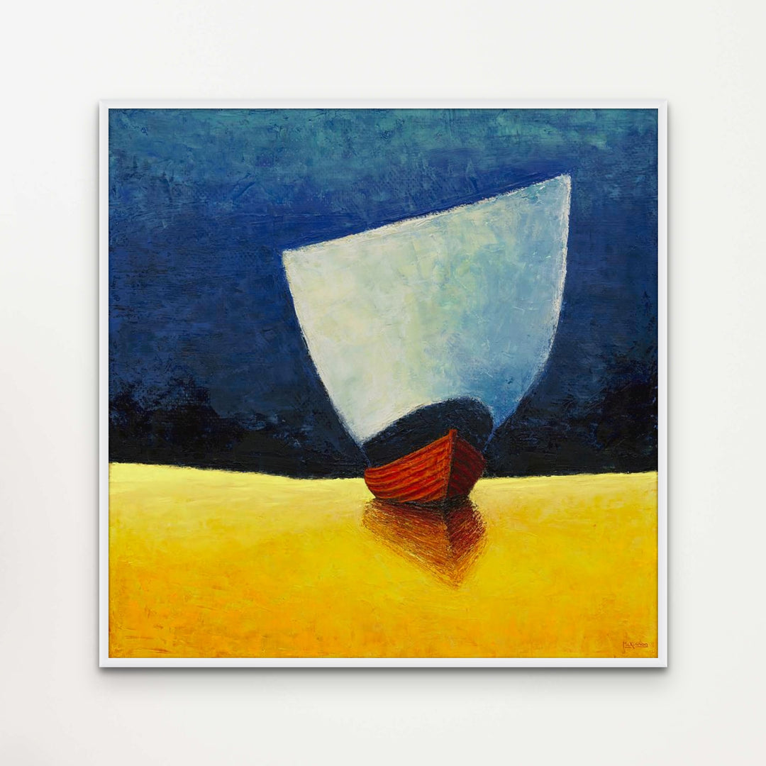 Blue and Yellow Painting - Semi Abstract Viking Ship Art  - Coastal Giclée Print - Art of the Sea 
